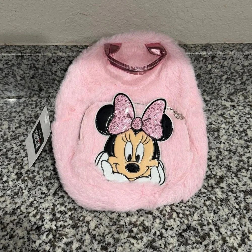 Disney Minnie Mouse Pink Fuzzy Faux Fur Sequin Bow Mini Backpack NWT